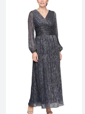 SLNY Long Sleeve Metallic V-Neck Evening Dress. Sz 12.